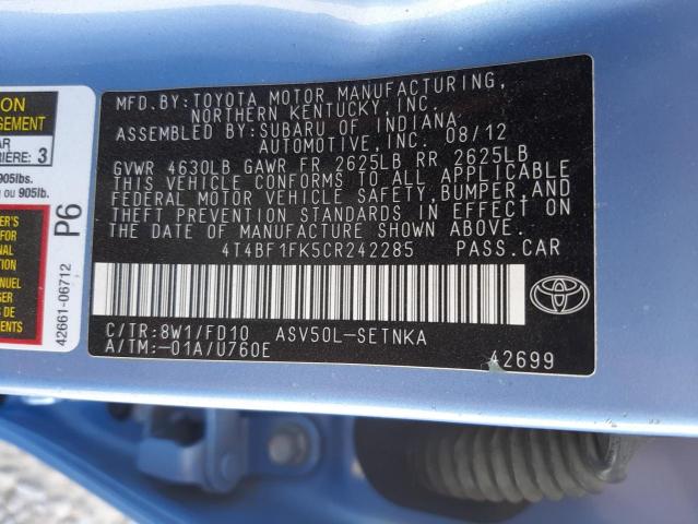 Photo 10 from auction – 2012 TOYOTA CAMRY BASE with VIN 4T4BF1FK5CR242285