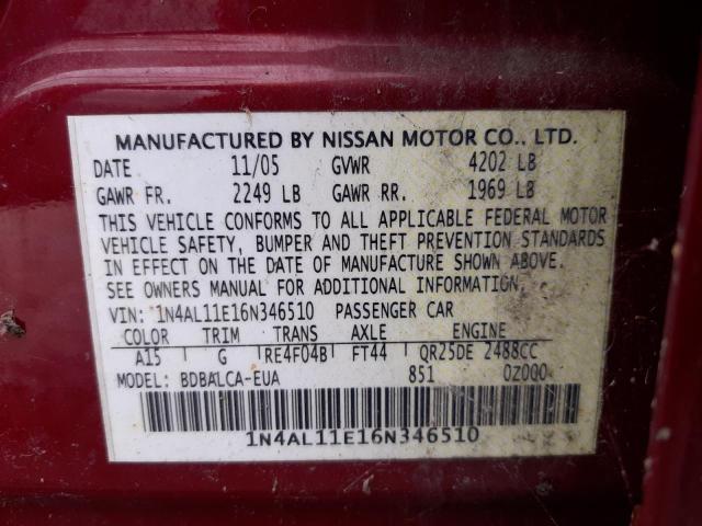 Photo 10 from auction – 2006 NISSAN ALTIMA with VIN 1N4AL11E16N346510