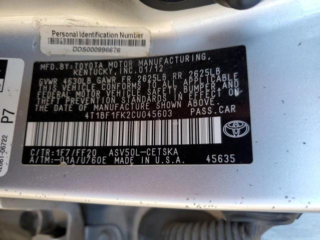Photo 10 from auction – 2012 TOYOTA CAMRY BASE with VIN 4T1BF1FK2CU045603