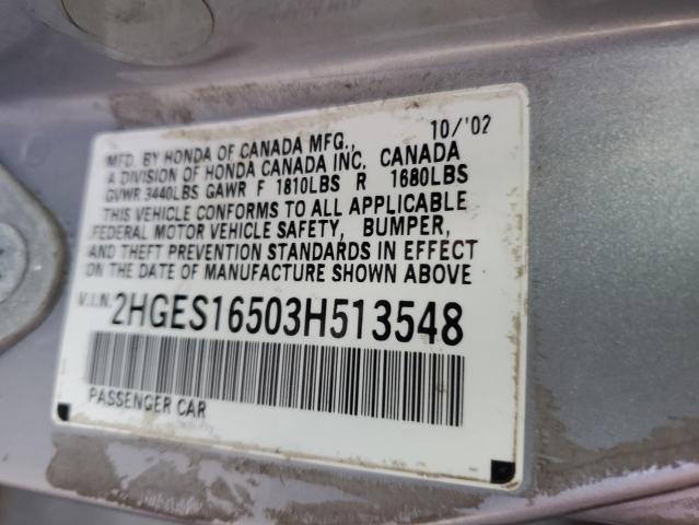 Photo 10 from auction – 2003 HONDA CIVIC LX with VIN 2HGES16503H513548