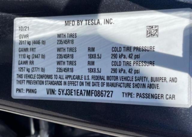 Photo 10 from auction – 2021 TESLA MODEL 3 with VIN 5YJ3E1EA7MF086727