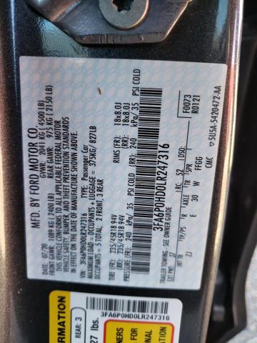 Photo 10 from auction – 2020 FORD FUSION SE with VIN 3FA6P0HD0LR247316