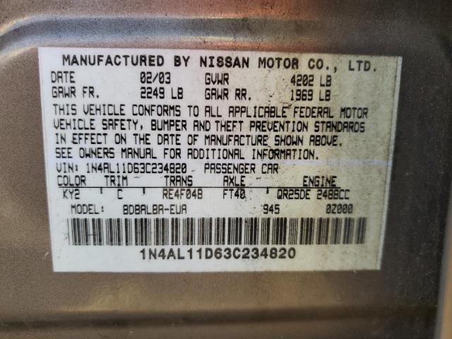 Photo 10 from auction – 2003 NISSAN ALTIMA BAS with VIN 1N4AL11D63C234820
