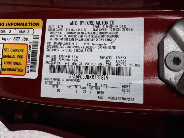 Photo 10 from auction – 2019 FORD FUSION SE with VIN 3FA6P0LU8KR131819