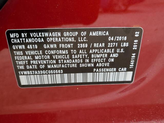 Photo 10 from auction – 2016 VOLKSWAGEN PASSAT SE with VIN 1VWBS7A33GC050563