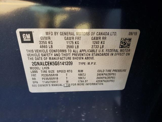 Photo 10 from auction – 2016 CHEVROLET EQUINOX LT with VIN 2GNALCEK5G6141209