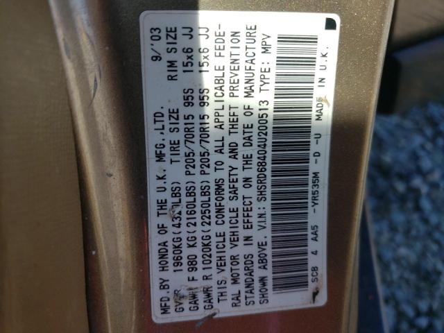 Photo 10 from auction – 2004 HONDA CR-V LX with VIN SHSRD68404U200513