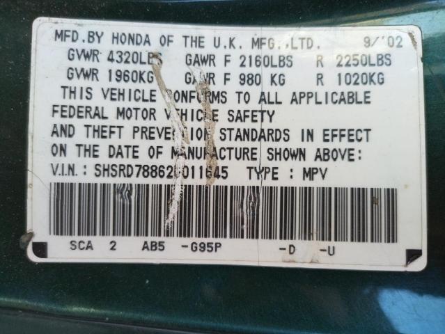 Photo 10 from auction – 2002 HONDA CR-V EX with VIN SHSRD78862U011645