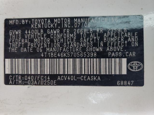 Photo 10 from auction – 2007 TOYOTA CAMRY CE with VIN 4T1BE46K57U565398