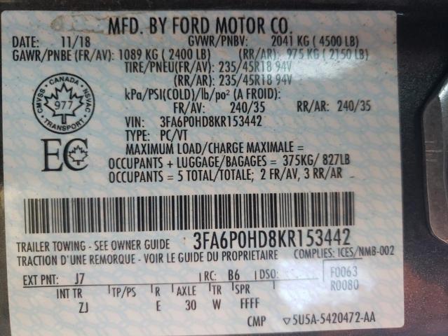 Photo 10 from auction – 2019 FORD FUSION SE with VIN 3FA6P0HD8KR153442