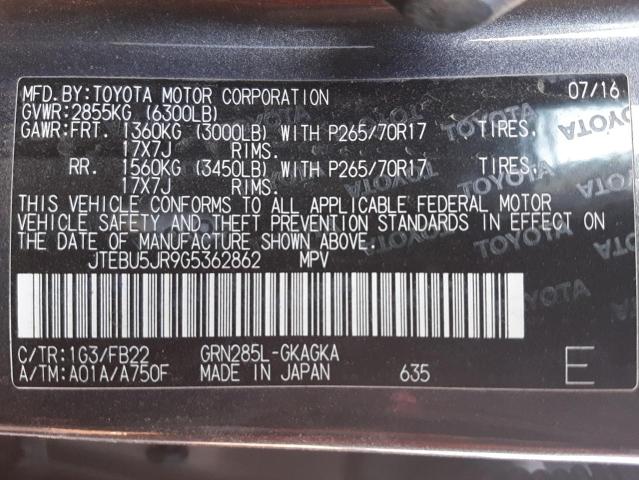 Photo 10 from auction – 2016 TOYOTA 4RUNNER SR with VIN JTEBU5JR9G5362862