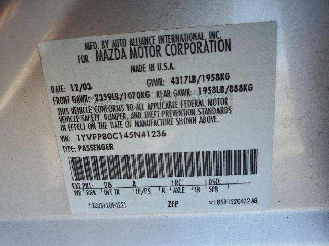Photo 10 from auction – 2004 MAZDA 6 I with VIN 1YVFP80C145N41236
