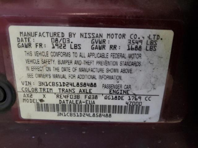 Photo 10 from auction – 2004 NISSAN SENTRA with VIN 3N1CB51D24L858488