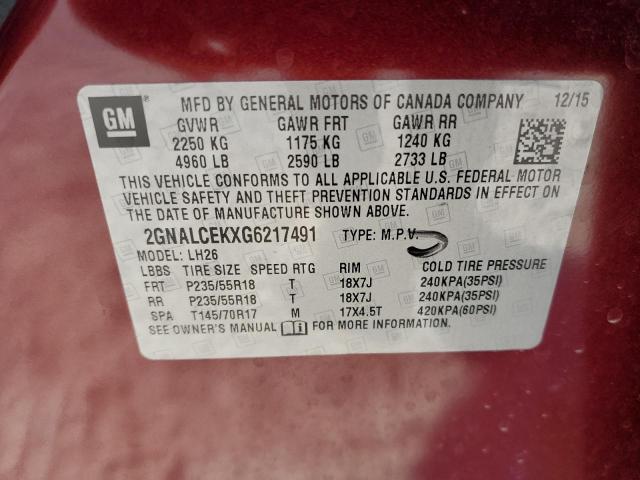 Photo 10 from auction – 2016 CHEVROLET EQUINOX LT with VIN 2GNALCEKXG6217491