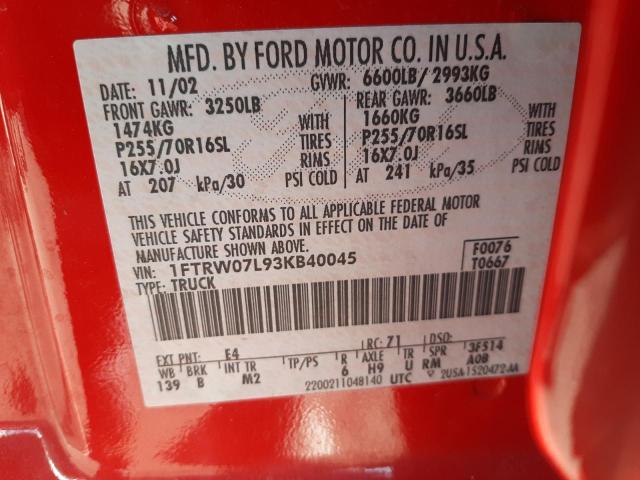 Photo 10 from auction – 2003 FORD F150 SUPER with VIN 1FTRW07L93KB40045