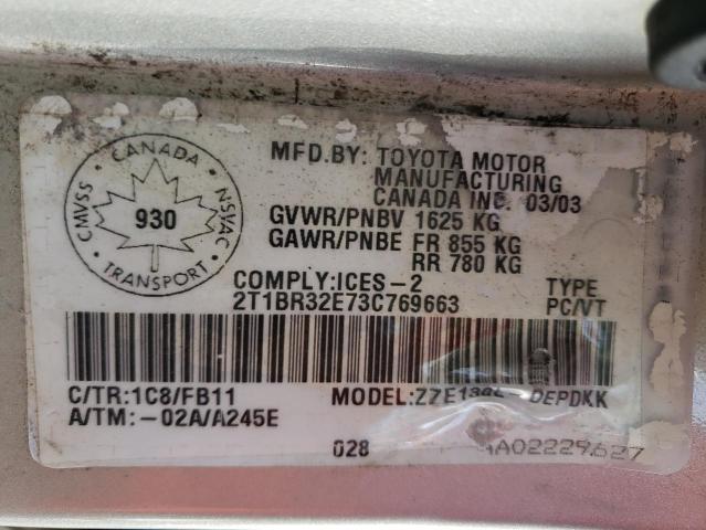 Photo 10 from auction – 2003 TOYOTA COROLLA CE with VIN 2T1BR32E73C769663