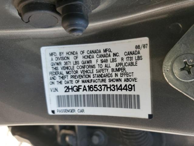 Photo 10 from auction – 2007 HONDA CIVIC LX with VIN 2HGFA16537H314491