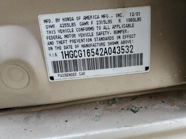 Photo 10 from auction – 2002 HONDA ACCORD EX with VIN 1HGCG16542A043532
