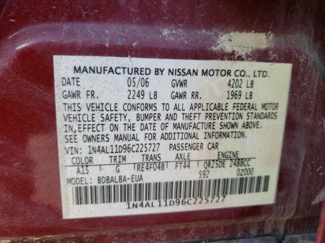 Photo 10 from auction – 2006 NISSAN ALTIMA S with VIN 1N4AL11D96C225727