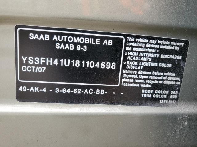 Photo 10 from auction – 2008 SAAB 9-3 AERO with VIN YS3FH41U181104698