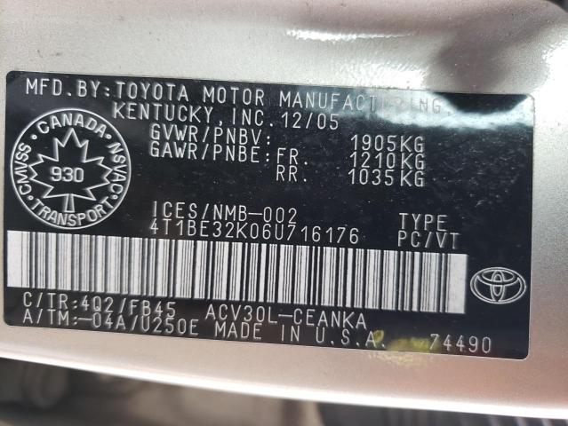 Photo 10 from auction – 2006 TOYOTA CAMRY LE with VIN 4T1BE32K06U716176