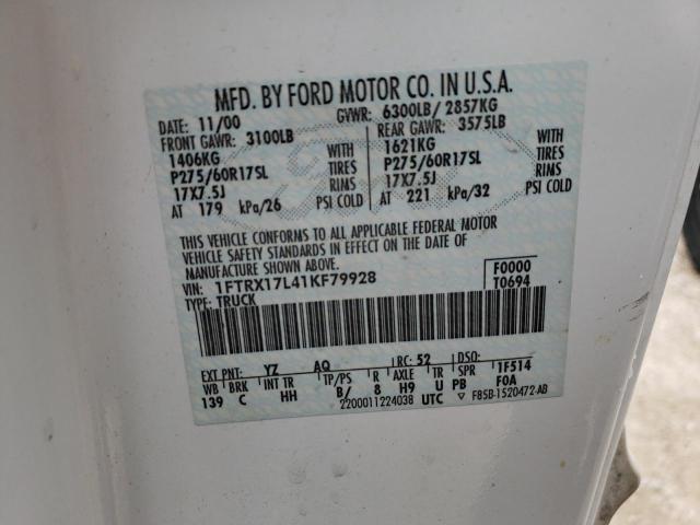 Photo 10 from auction – 2001 FORD F150 with VIN 1FTRX17L41KF79928