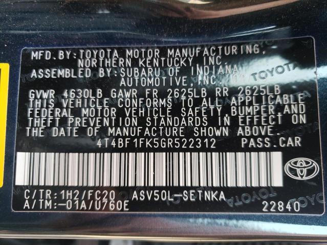 Photo 10 from auction – 2016 TOYOTA CAMRY LE with VIN 4T4BF1FK5GR522312