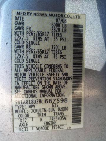 Photo 10 from auction – 2008 NISSAN PATHFINDER with VIN 5N1AR18U28C667598