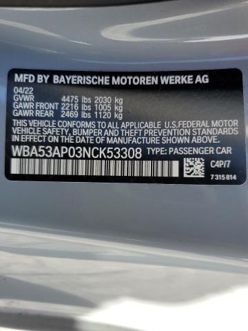 Photo 10 from auction – 2022 BMW 430I with VIN WBA53AP03NCK53308