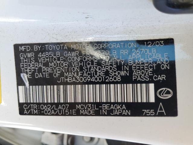 Photo 10 from auction – 2004 LEXUS ES 330 with VIN JTHBA30G940012608