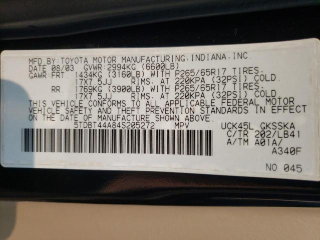 Photo 10 from auction – 2004 TOYOTA SEQUOIA SR with VIN 5TDBT44A84S205272