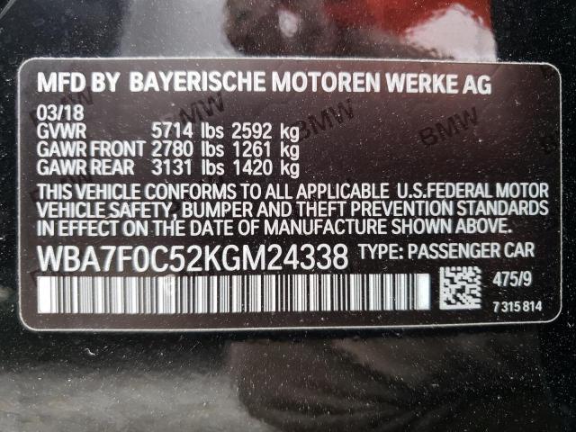Photo 10 from auction – 2019 BMW 750 I with VIN WBA7F0C52KGM24338