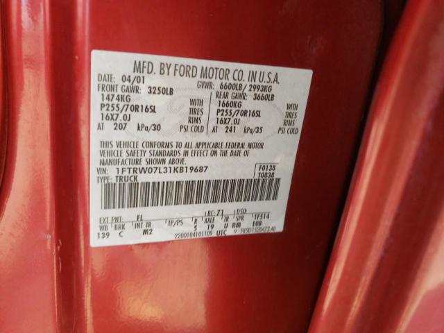 Photo 10 from auction – 2001 FORD F150 SUPER with VIN 1FTRW07L31KB19687