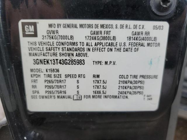 Photo 10 from auction – 2003 CHEVROLET AVALANCHE with VIN 3GNEK13T43G285983