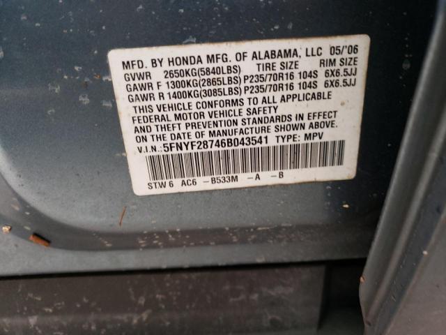 Фото 10 с аукциона – 2006 HONDA PILOT EX с VIN 5FNYF28746B043541