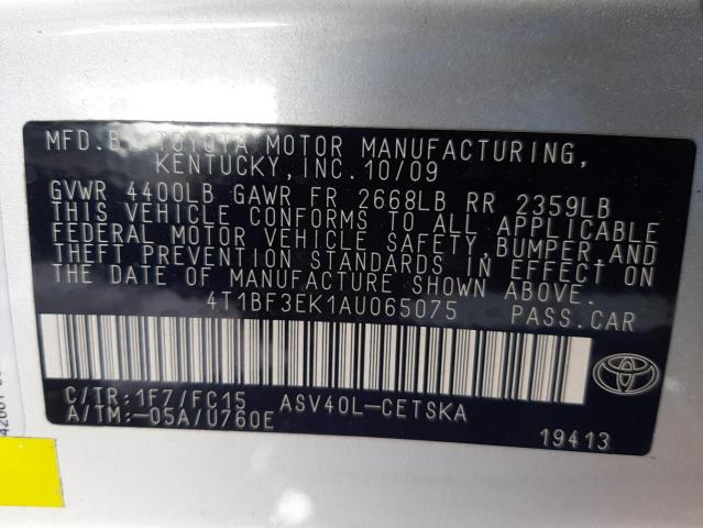 Photo 10 from auction – 2010 TOYOTA CAMRY BASE with VIN 4T1BF3EK1AU065075