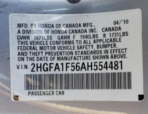 Photo 10 from auction – 2010 HONDA CIVIC LX with VIN 2HGFA1F56AH554481
