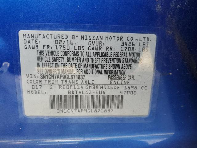 Photo 10 from auction – 2016 NISSAN VERSA with VIN 3N1CN7AP9GL871837