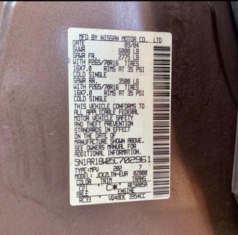 Photo 10 from auction – 2005 NISSAN PATHFINDER with VIN 5N1AR18W05C702961