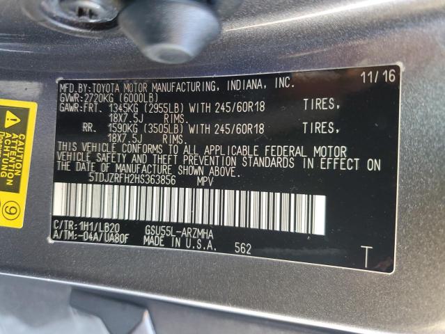 Photo 10 from auction – 2017 TOYOTA HIGHLANDER with VIN 5TDJZRFH2HS363856