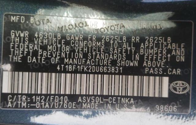 Photo 10 from auction – 2013 TOYOTA CAMRY L with VIN 4T1BF1FK2DU663831