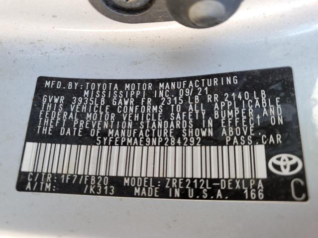 Photo 10 from auction – 2022 TOYOTA COROLLA LE with VIN 5YFEPMAE9NP284292