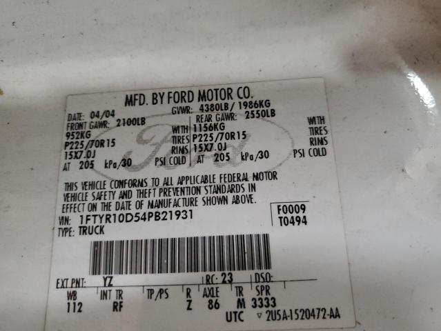 Photo 10 from auction – 2004 FORD RANGER with VIN 1FTYR10D54PB21931