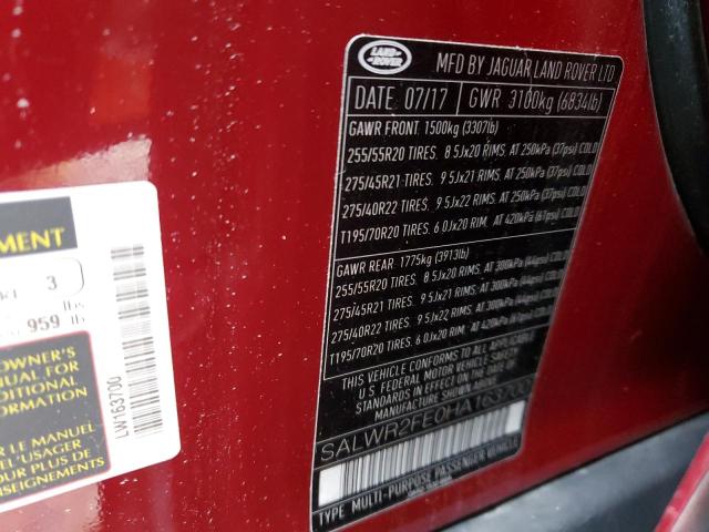 Photo 10 from auction – 2017 LAND ROVER RANGE ROVE with VIN SALWR2FE0HA163700