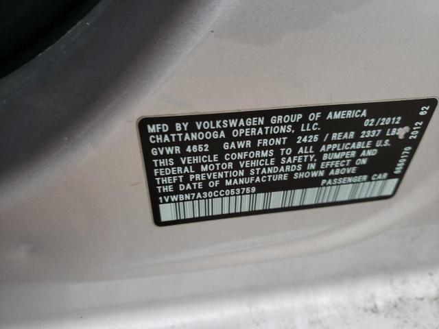 Photo 10 from auction – 2012 VOLKSWAGEN PASSAT SE with VIN 1VWBN7A30CC053759