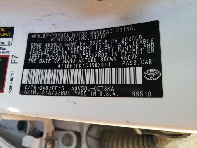 Photo 10 from auction – 2012 TOYOTA CAMRY BASE with VIN 4T1BF1FK4CU567441