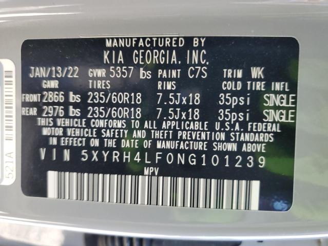 Photo 10 from auction – 2022 KIA SORENTO EX with VIN 5XYRH4LF0NG101239