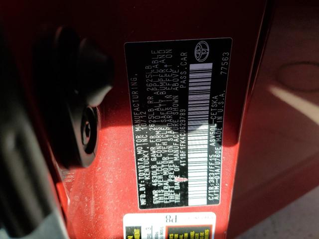 Photo 10 from auction – 2012 TOYOTA CAMRY BASE with VIN 4T1BF1FK4CU629789