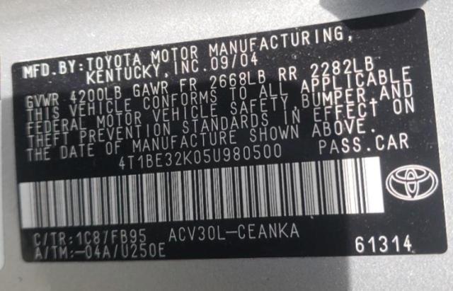 Photo 10 from auction – 2005 TOYOTA CAMRY LE with VIN 4T1BE32K05U980500