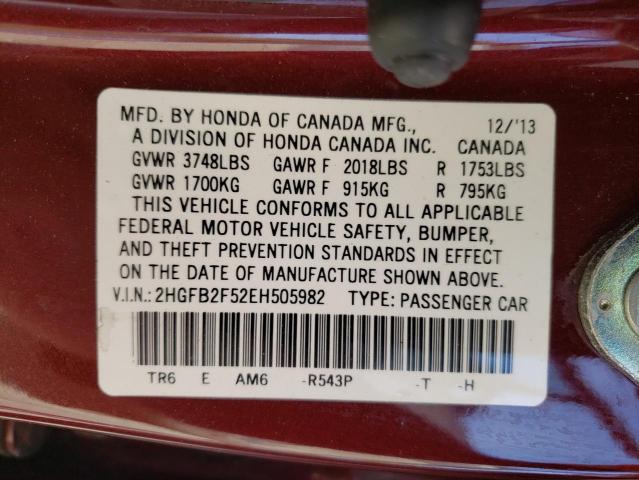 Photo 10 from auction – 2014 HONDA CIVIC LX with VIN 2HGFB2F52EH505982